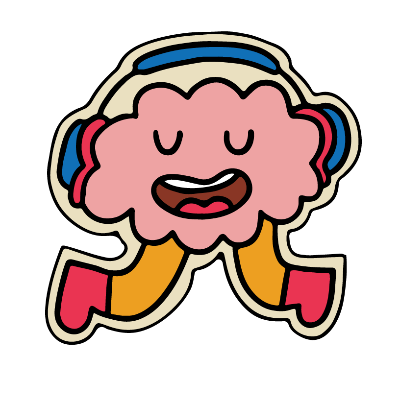 Illustration of a brain wearing headphones while dancing