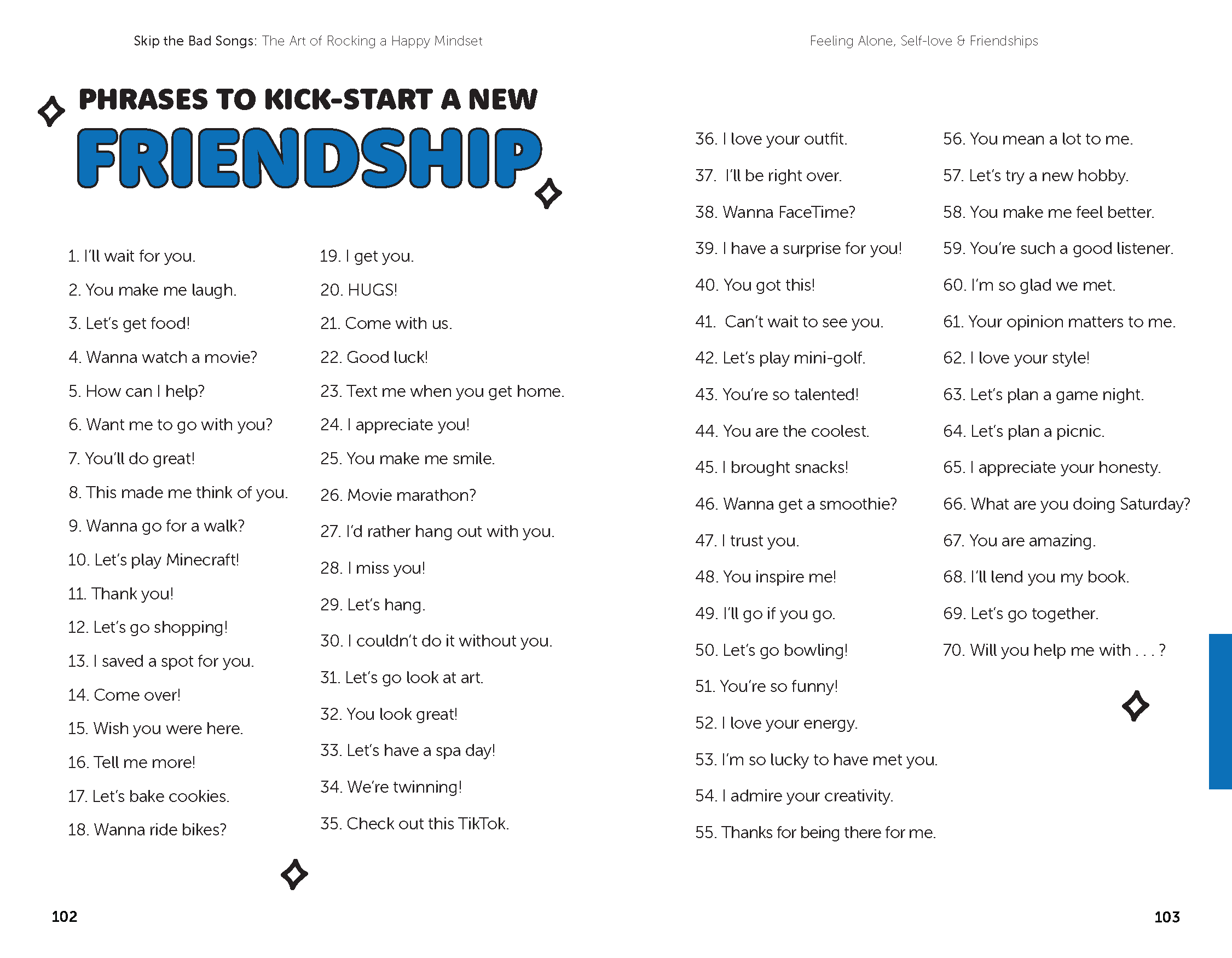 Phrases to make new friends page in the book, Skip the Bad Songs, a self help book for tweens