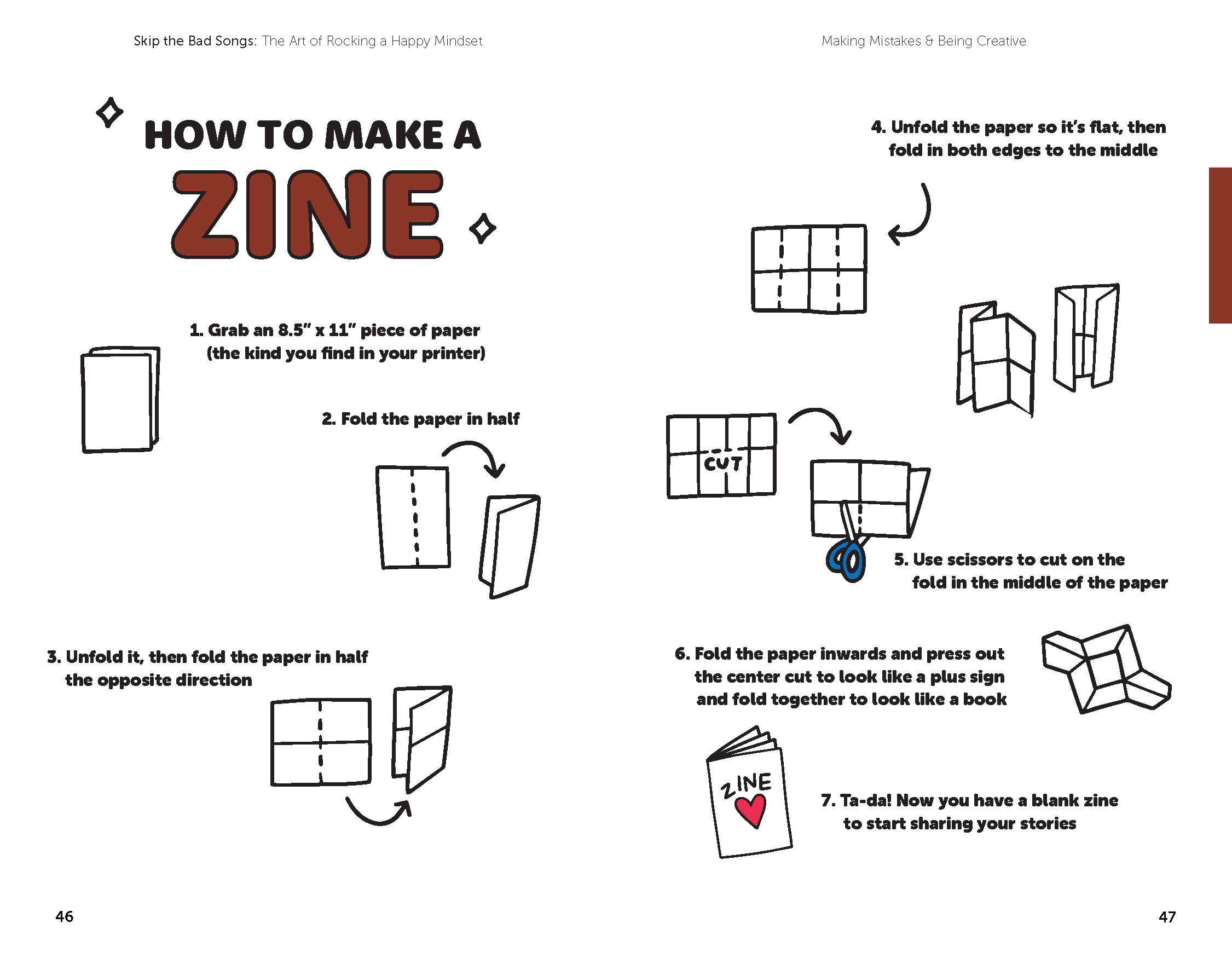 How to make a zine page in the book, Skip the Bad Songs, a self help book for tweens